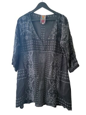 Johnny Was Tunic Gray Cupra Embroidered Floral Eyelet High Low Top I Size:L